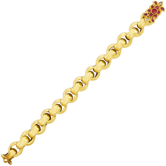 Gold Circle Link Bracelet with Indian Foil-Backed Ruby and Diamond Clasp