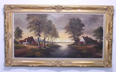 Gold Framed Oil On Canvas - River & Cottages