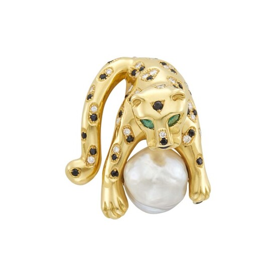 Gold, South Sea Baroque Cultured Pearl, Black Onyx, Diamond and Emerald Panther Clip-Brooch