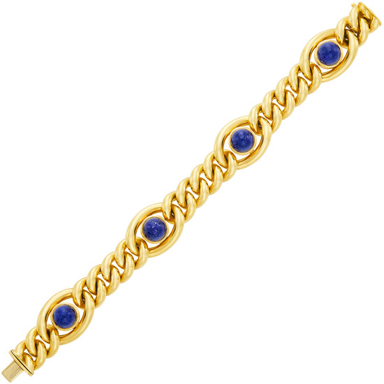 Gold and Lapis Curb Link Bracelet and Pair of Earclips
