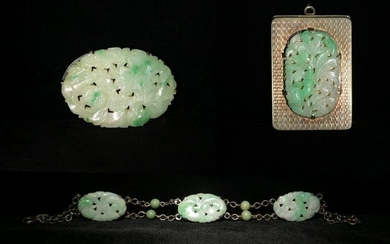 Group of 3 Pierced Jadeite Jewelry Pieces, 19th Century