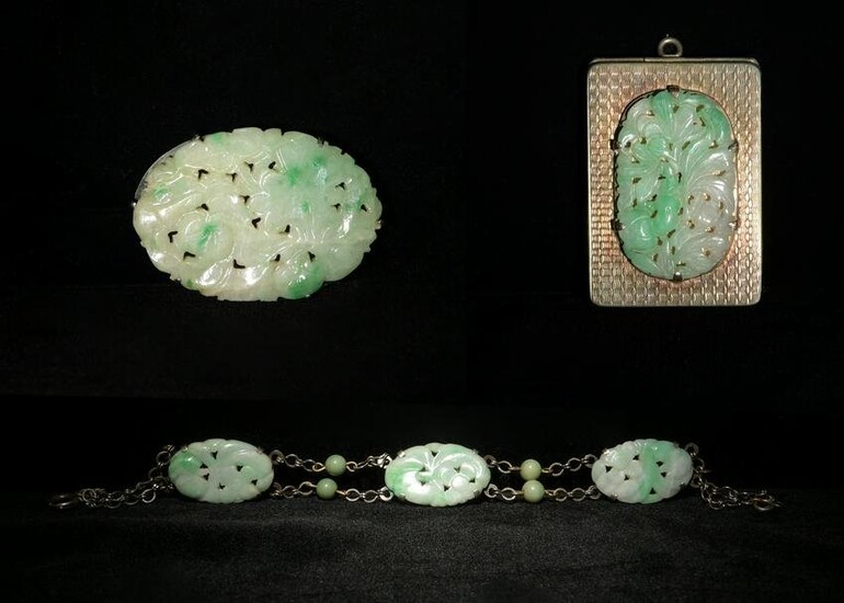 Group of 3 Pierced Jadeite Jewelry Pieces, 19th Century