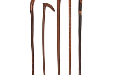 Group of Five American Carved Wooden Canes, One dated 1796, the remaining late 19th Century