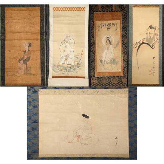 Group of Japanese Hanging Scrolls, Ink on Silk and Gouache on Paper FR3SHLM