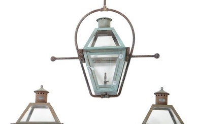Group of Three Copper Gas Lanterns, 20th c., Hanging- H.- 34 in., W.- 16 in., D.- 12 in.; Wall- H.