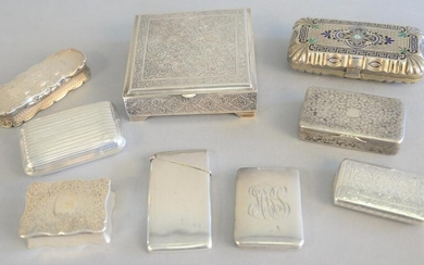 Group of nine silver boxes, hinge lid boxes, money