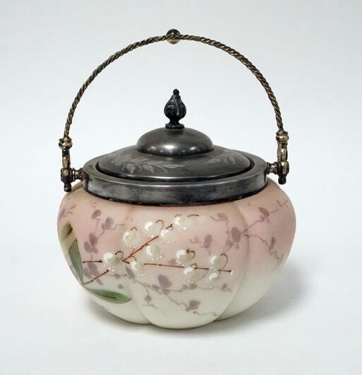 HAND PAINTED VICTORION SATIN GLASS BISCUIT JAR