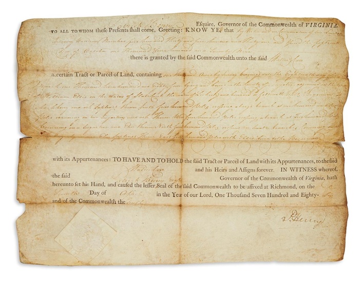 HENRY, PATRICK. Partly-printed vellum Document Signed, "P. Henry," as Governor, land deed granting...