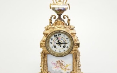 Hand painted French porcelain & gilt metal mantle clock -17" high x 9" wide x 5 3/4" diameter