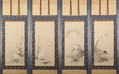 Hanging scroll, Painting (4) - Silk - Duck, Flowers, Heron, Pigeon, Quail - signed Gyokushu 藤井玉洲 - Japan - Early 20th century