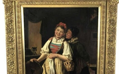 Happy News 19th Century. Oil on canvas signed (LL)
