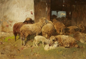 Heinrich von Zügel, Flock of Sheep by a Stable