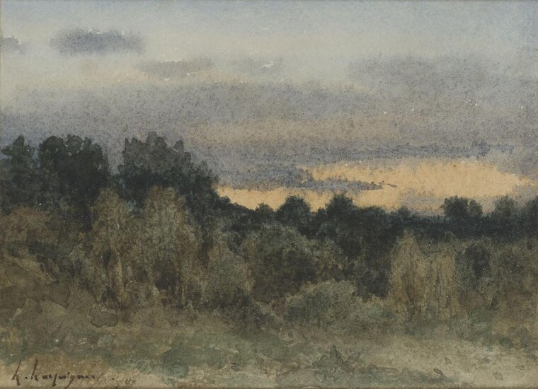 Henri-Joseph Harpignies, French 1819-1916- Lâ€™Aube; watercolour on paper, signed and dated â€˜H. Harpignies 70â€™ (lower left), 12 x 16 cm. Provenance: With Thomas Agnew & Sons, London, no.26164.; Private Collection, UK, since 1965.; By descent...
