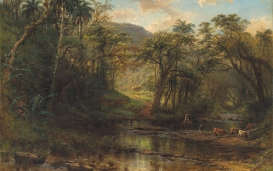 Henry Cleenewerck (1818-1901), A Cuban landscape with drovers and cattle fording a stream