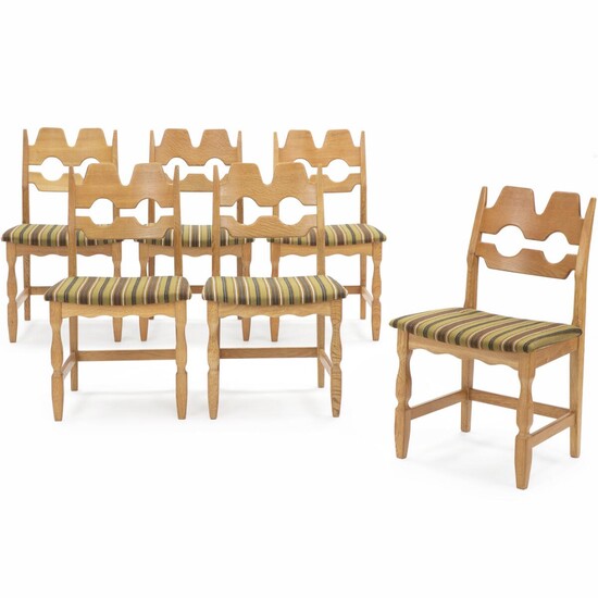 SOLD. Henry Kjærnulf: A set of six oak side chairs, seats with green striped wool. Manufactured by Nyrup Møbelfabrik. (6) – Bruun Rasmussen Auctioneers of Fine Art