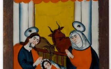 Hinterglasbild "Heilige Familie in der Weihnachtskrippe", Sandl, Oberösterreich, 19. Jahrhundert