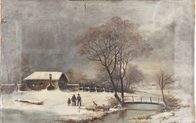 Ignoto del secolo XIX "Paesaggio invernale con figure" olio su tela (cm 31x45) (difetti e mancanze)