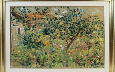 Ignoto del secolo XX "Giardino" olio su tela (cm 60x90) firmato "Della Bella" in basso a sinistra in cornice…