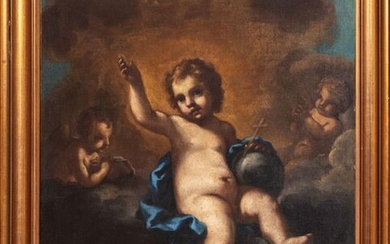 Infant RedeemerNeapolitan school, second half of the 17th centuryoil painting on canvasChrist Child is represented as the Salvator Mundi, seated in the clouds in the splendor of golden light, his left hand rests on the Orbe Terrarum. The Child looks...