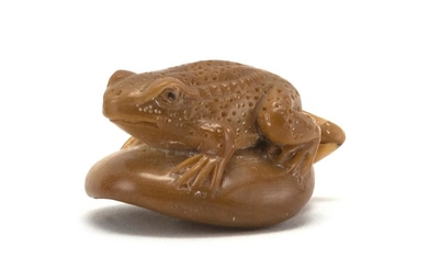 JAPANESE PALM NUT NETSUKE In the form of a frog on a mushroom. Signed. Length 1.5".