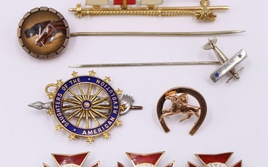 JEWELRY. Gold Stickpin, Brooch, & Medal Grouping.