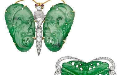 Jadeite Jade, Diamond, Platinum, Gold Brooches Stones: Pear-shaped rose-cut...