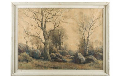 Jan Van Rhijnenn (1859 - 1927), Woodland landscape with deer nineteenth century