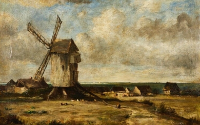 Jules DUPRÉ (1811-1889) Moulin et village au bord de l'eau Huile sur toile. Signée en...