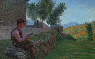 Kristian Zahrtmann: A boy sitting on a fence cutting a stick. Signed with monogram and dated 1906. Oil on canvas. 73×86 cm.