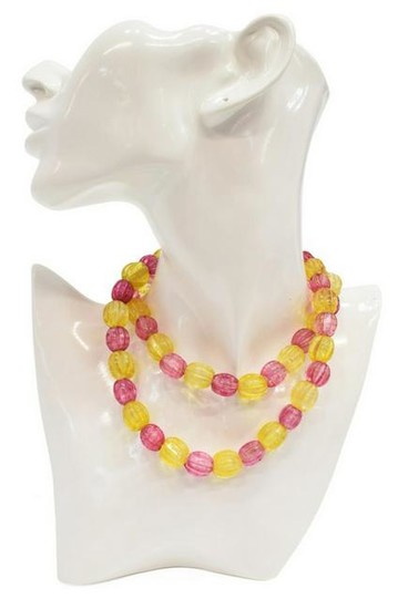 LADIES PINK & YELLOW GLASS TRADE BEADS NECKLACE