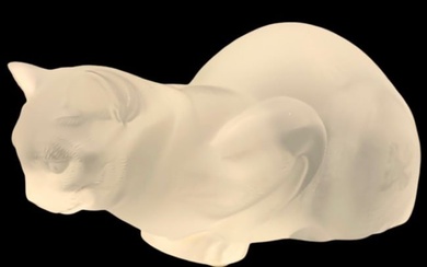 LALIQUE France Frosted Crystal Crouching Cat