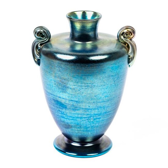 LC Tiffany Favrile Glass Peacock Blue Handled Vase
