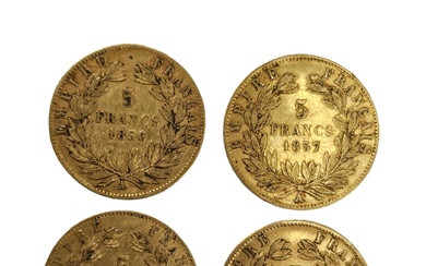 LOT de huit pièces en or comprenant : SEPT pièces de 5 francs Napoléon 1856/A,...