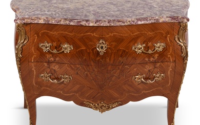 LOUIS XV STYLE GILT-METAL MOUNTED MARQUETRY TULIPWOOD COMMODE 35 1/2 x 51 1/2 x 21 in. (90.2 x 130.8 x 53.3 cm.)