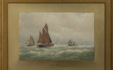 LOWESTOFT TRAWLERS GOING OUT, A WATERCOLOUR BY GEORGE STANFIELD WALTERS