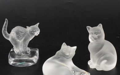 Lalique Crystal, Happy Cat, a frosted glass figure, and two other cat figures