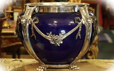 Large 19th century cobalt blue porcelain and silver plate bronze centerpiece