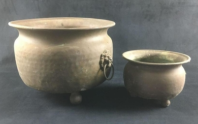Large Footed Hammered Copper Pot and Small Footed