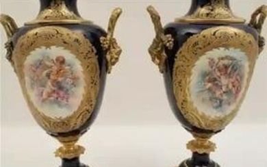 Large Pair Antique Circa 1880 French Porcelain Ormolu Cobalt Ground Sevres Style Urns