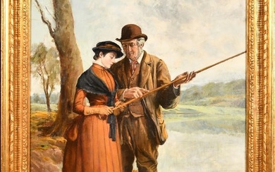 Large Victorian Oil Painting Young Lady Fishing Lesson Highland River Landscape
