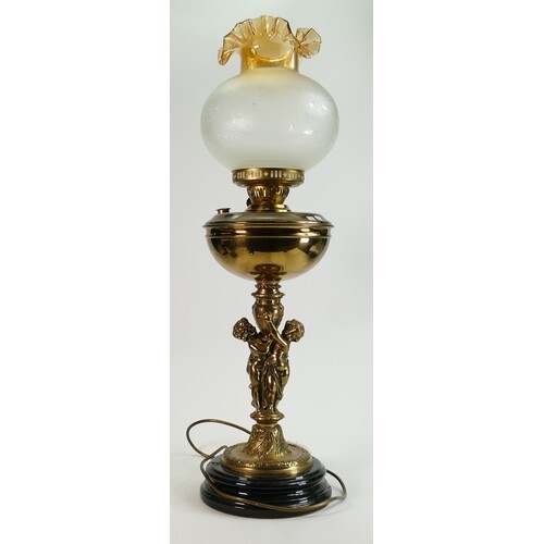 Large decorative brass Oil lamp: Electric conversion, featur...