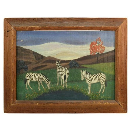 Lawrence Lebduska Folk Art Painting with Zebras