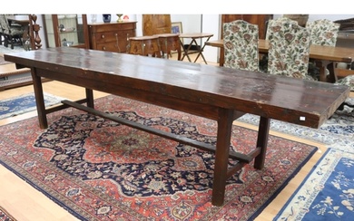 Long antique style slab top trestle table, champhered square...