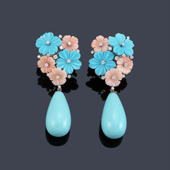 Long earrings with pink, turquoise and brilliant coral