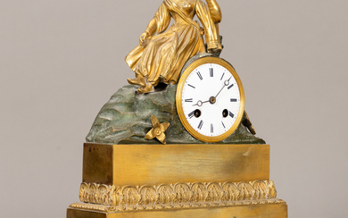 Louis Philippe pendulum, bronze, gilded, partly patinated with green. France, 19th century.