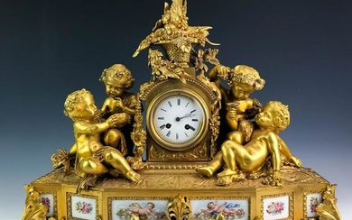 19th C Louis XIV French Rococo Dore Bronze Mantel Clock