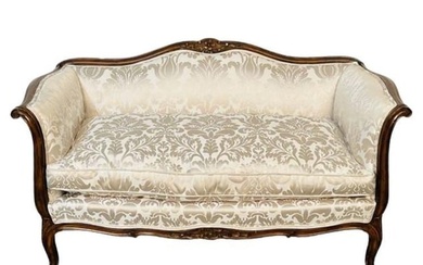Louis XV Mahogany Carved Settee, Canape / Sofa, Floral Silk Upholstery