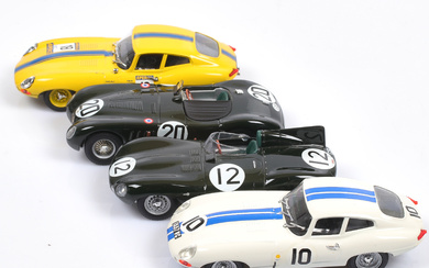 MODEL CARS, 4 pcs, metal/resin, including Jaguar C-type, different manufacturers, scale 1:43.