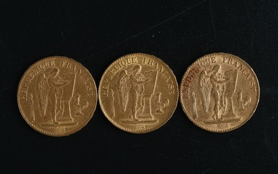 MONNAIES d'OR (3) : 20 francs français 1877 et 1895. Poids : 19,1 g Lot...