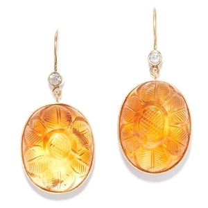 MUGHAL CARVED CITRINE AND DIAMOND EARRINGS in yellow